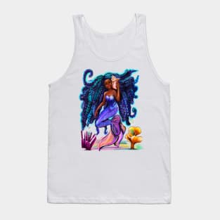 mermaid with flowing braids , sea shell, coral 2 , brown eyes curly Afro hair and caramel brown skin Tank Top